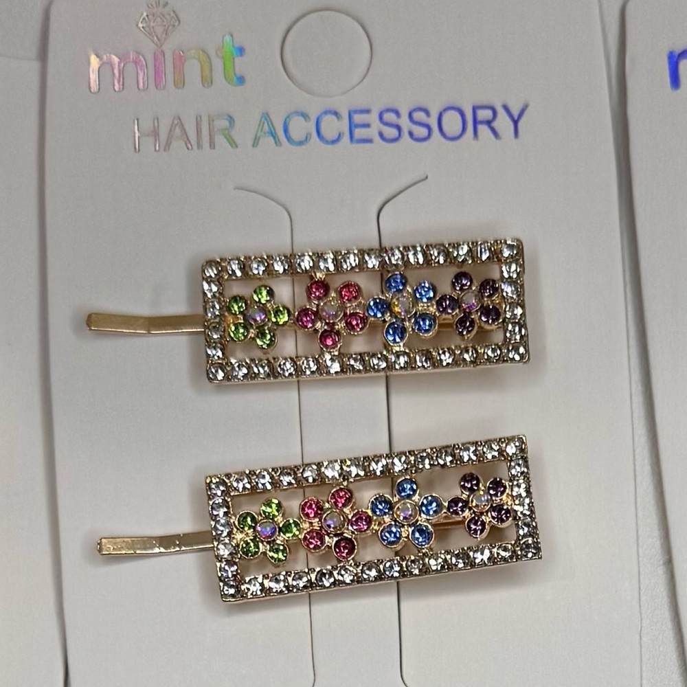 Mint Gold and Multi-Color Crystal Rectangle Hair Clips Sparkling Accessories
